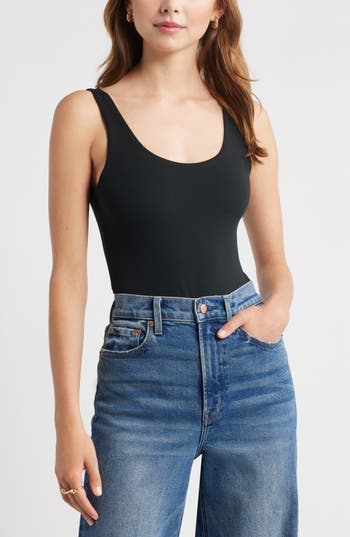 Open Edit Scoop Neck Bodysuit In Black