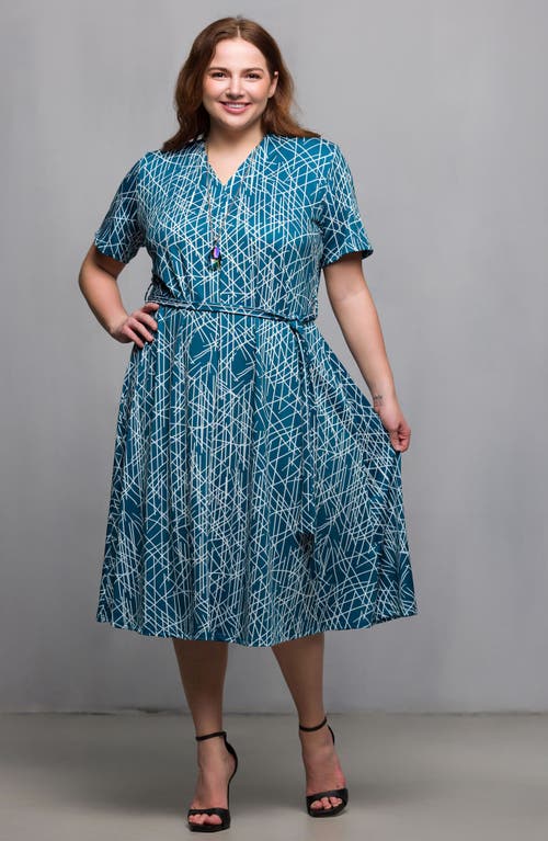24seven Comfort Apparel Plus Size Print Short Sleeve Tie Waist Midi Dress In Blue Multi