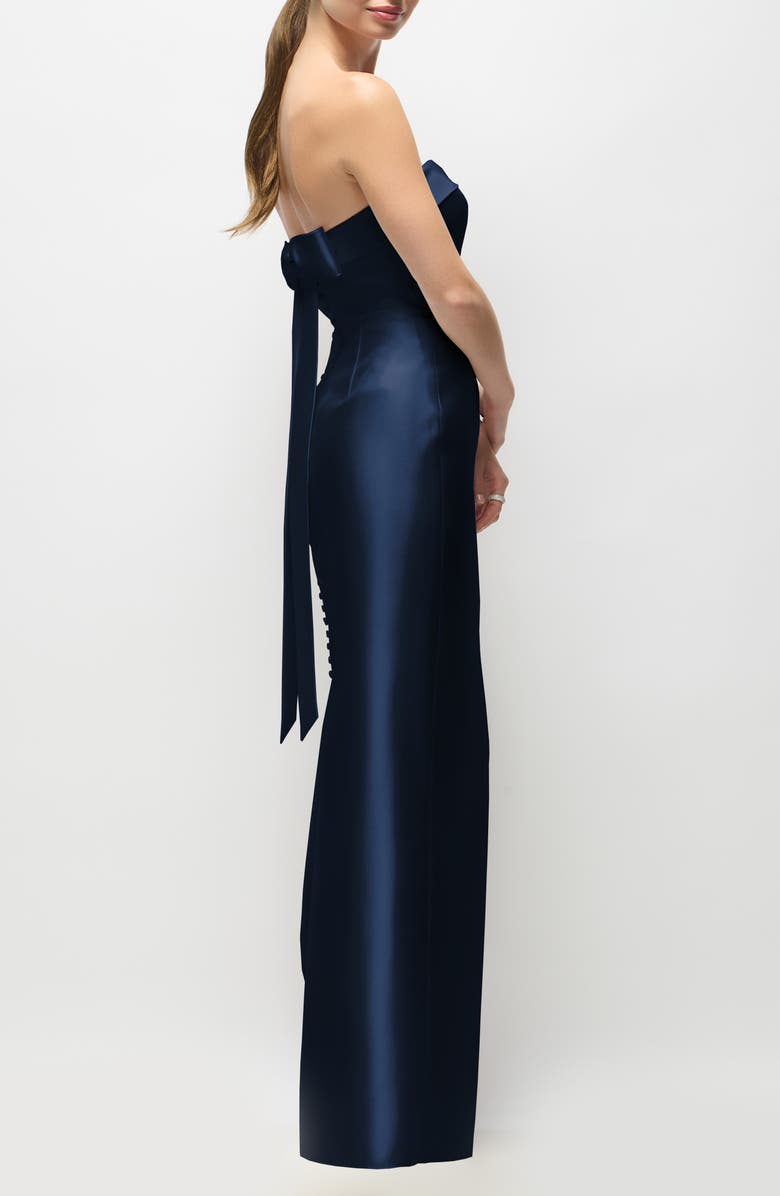 Alfred Sung Eliza Bow Back Strapless Satin Column Gown, Alternate, color, 