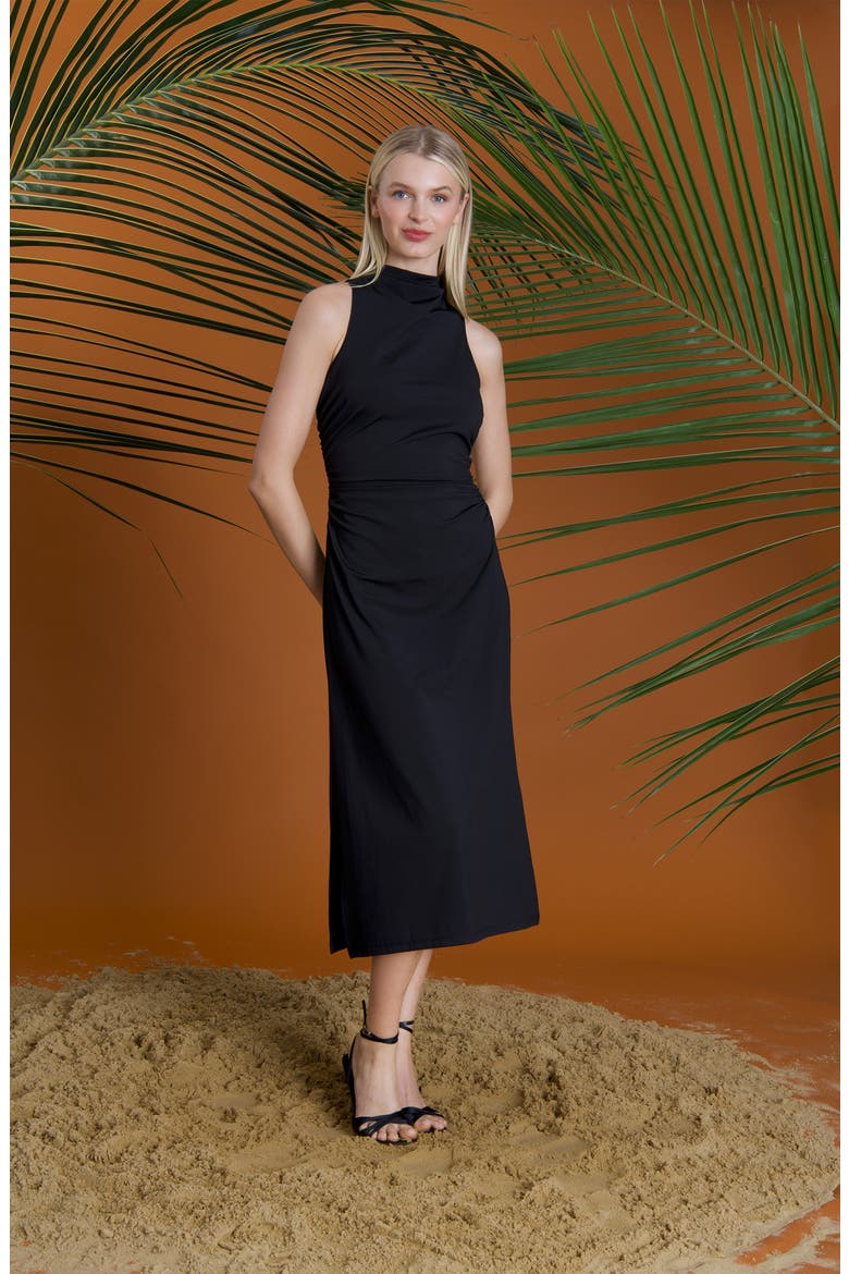 Funnel Neck Sleeveless Midi Dress, Alternate, color, BLACK