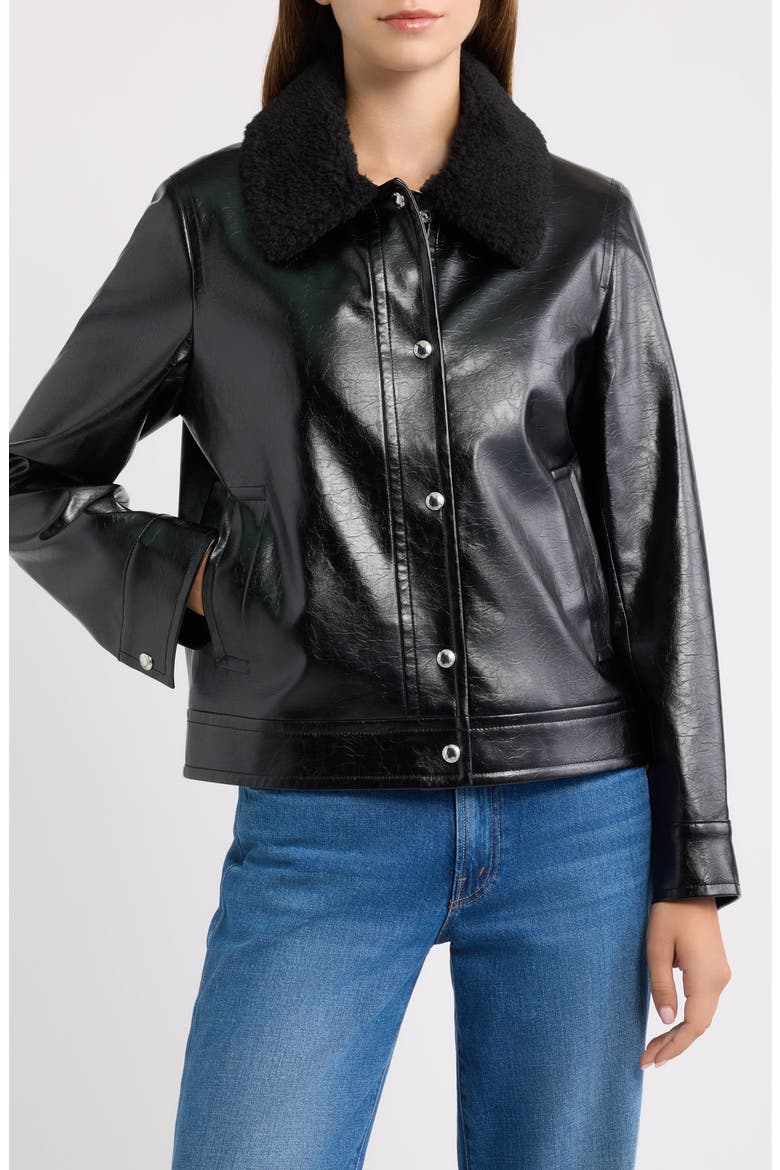 Slim Fit Faux Leather Jacket With Faux Fur Collar, Alternate, color, BLACK