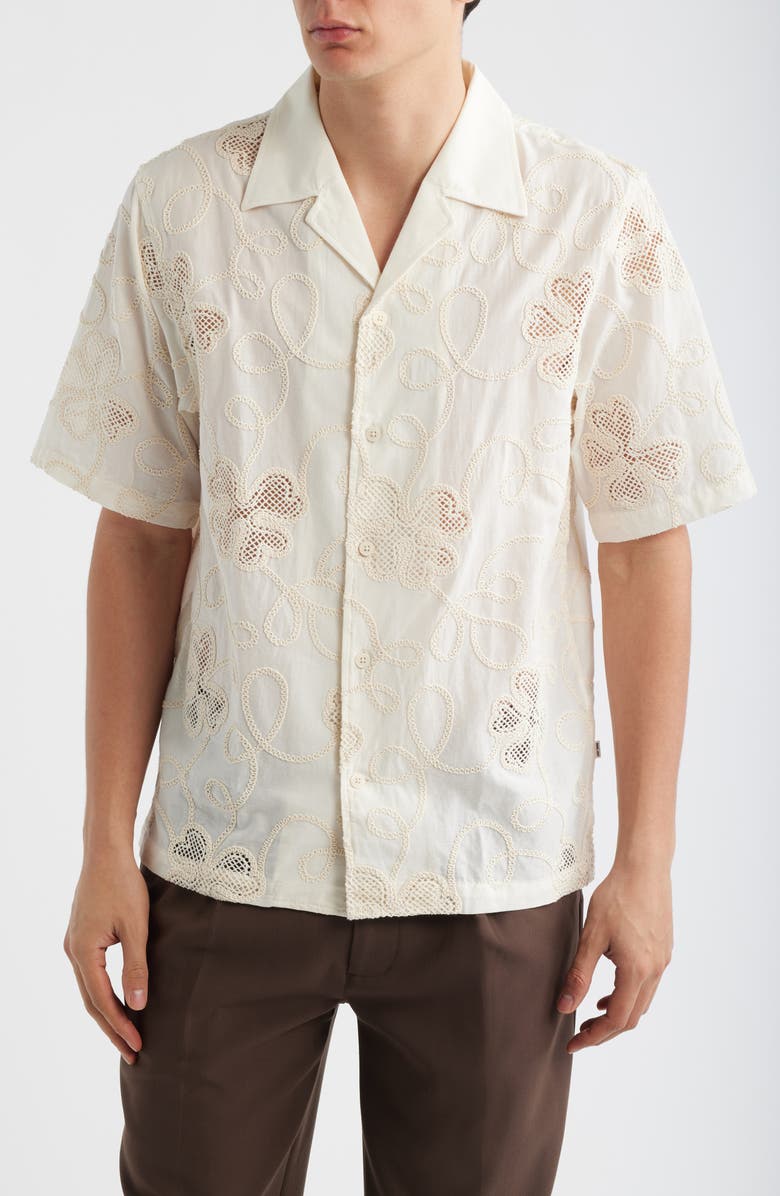 NN07 Ben Embroidered Detail Organic Cotton Camp Shirt, Main, color, Ivory