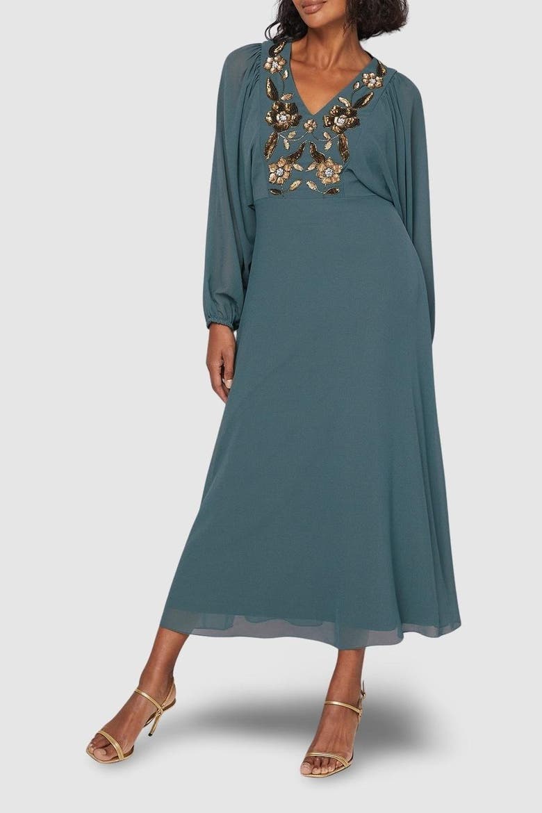 Embellished Balloon Sleeve Midi Dress, Alternate, color, Green