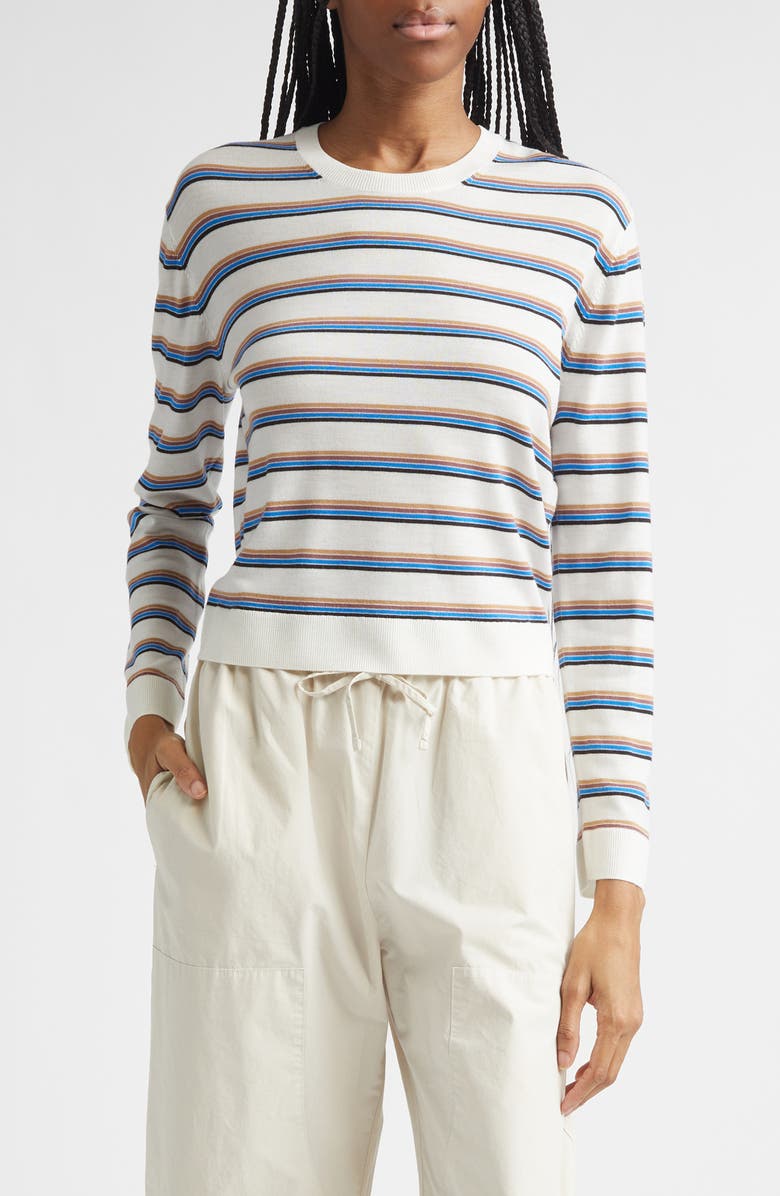 LESET James Stripe Merino Wool Crewneck Sweater, Main, color, Parch/Choco/Blue Stripe