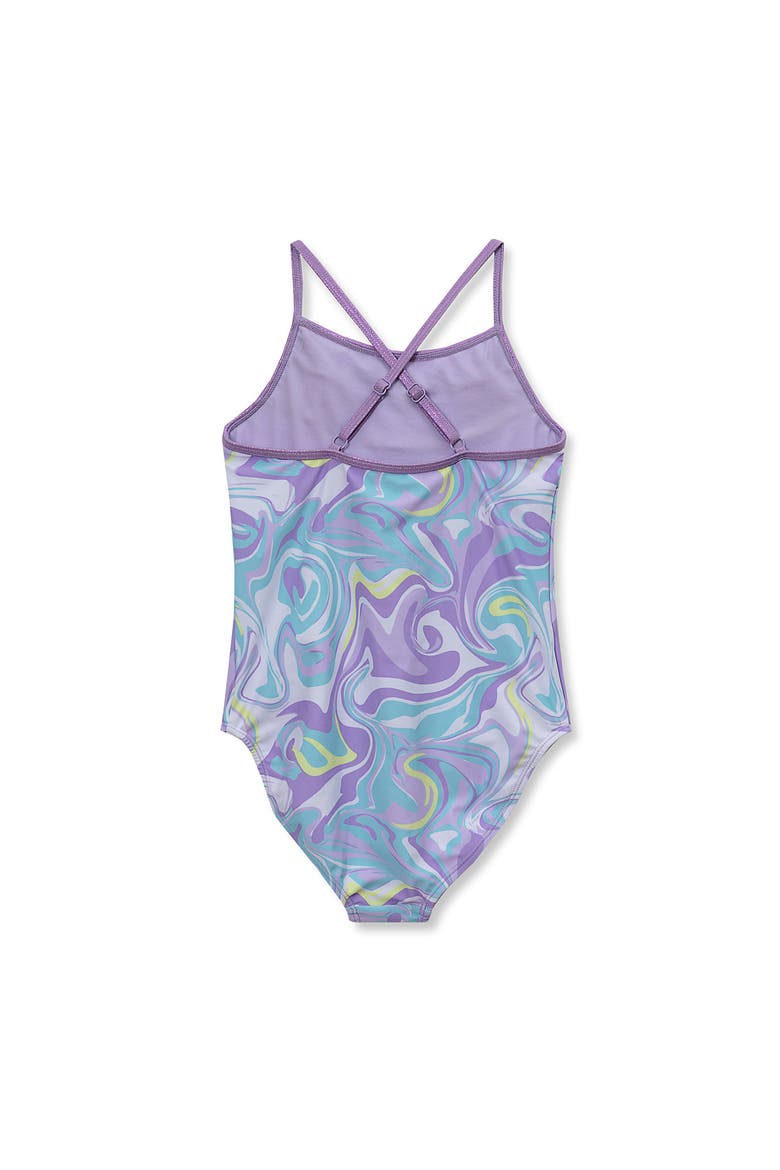 Girls Chlorine Resistant X-Back Ruffle One Piece Swimsuit, Alternate, color, Pastel/Lilac/Foil/Swirl