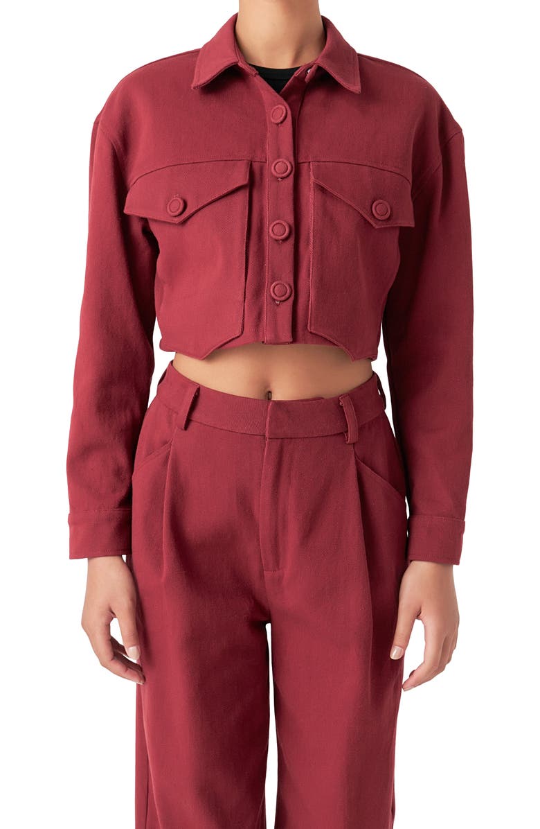 English Factory Boxy Crop Utility Shirt Jacket, Alternate, color, Burgundy