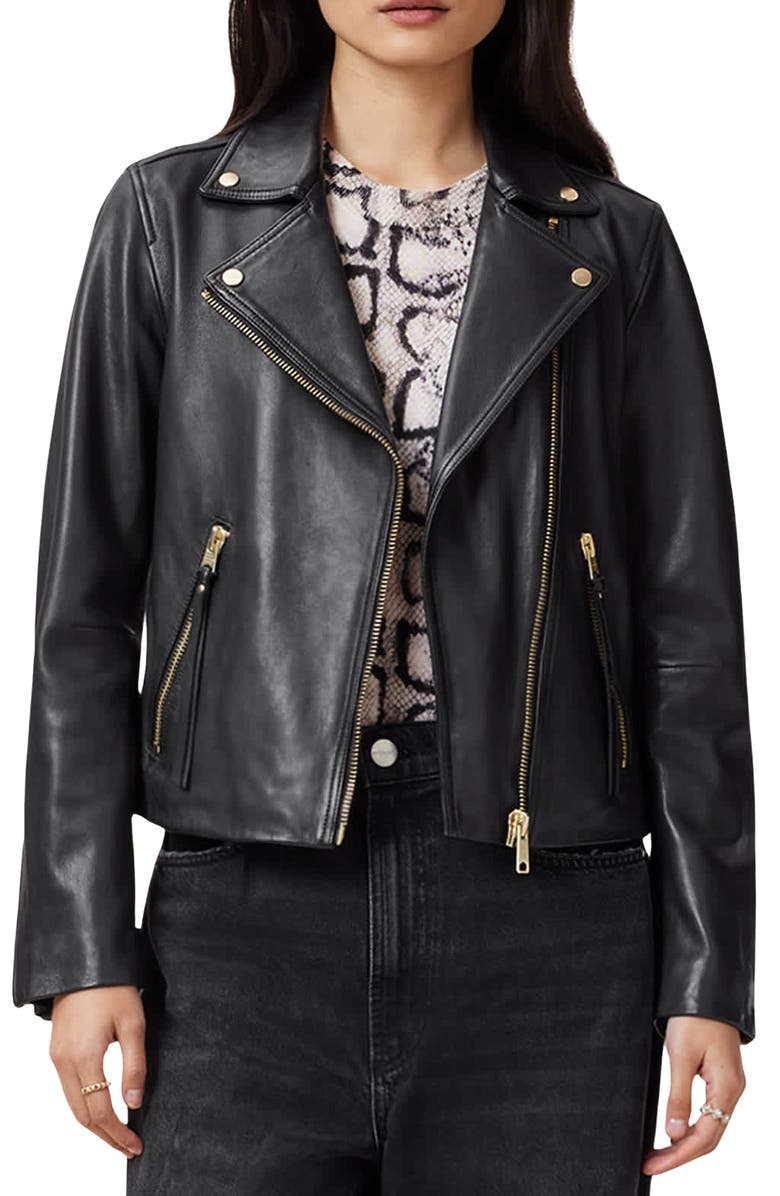 AllSaints Dalby Leather Biker Jacket, Main, color, Black/ Gold