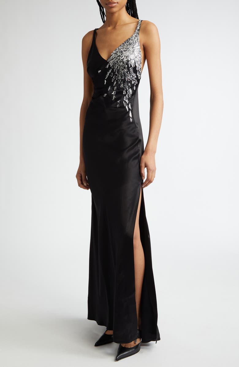 McQueen Shattered Screen Embroidered Hammered Satin Gown, Main, color,
