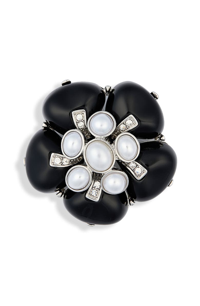 Kenneth Jay Lane Faux Pearl & Crystal Flower Pin, Main, color, Black