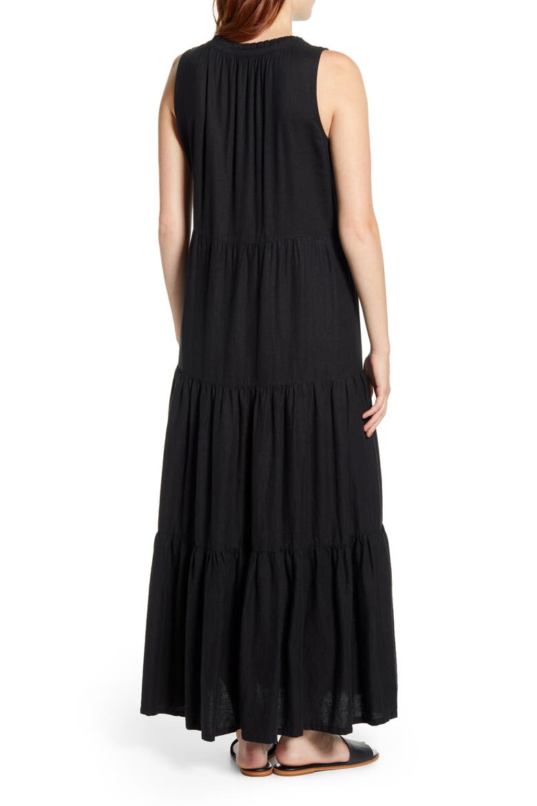 Lena Tiered Linen Blend Maxi Sundress, Alternate, color, BLACK