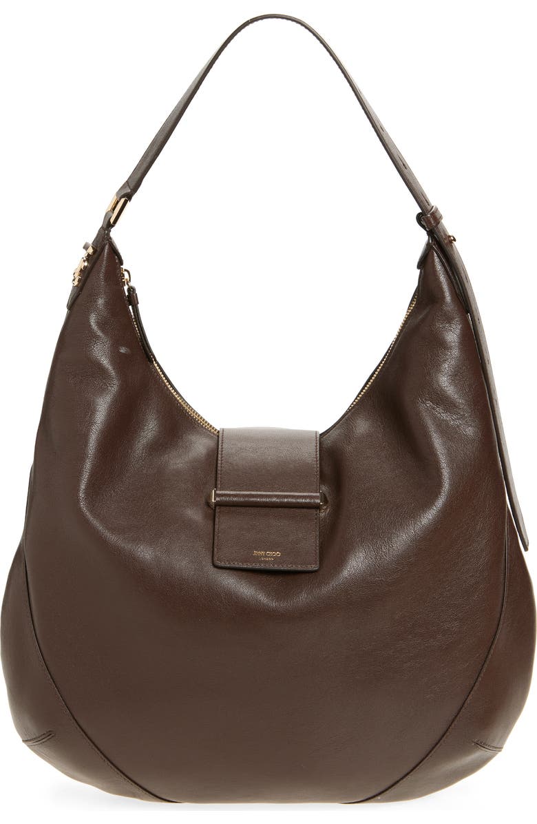 Jimmy Choo Bar Medium Leather Hobo Shoulder Bag, Main, color, Chocolate/ Shiny Gold