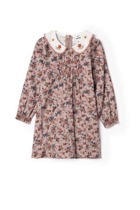 Embroidered Collar Long Sleeve Cotton Dress (Toddler, Little Kid & Big Kid)