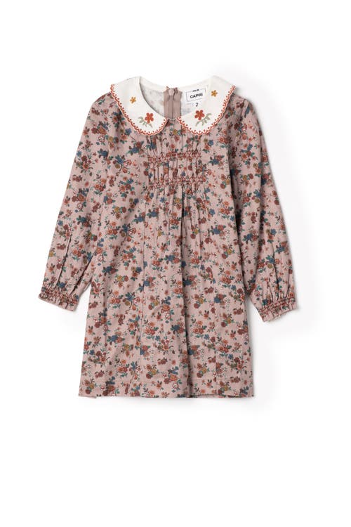 Jolie Capri Kids'  Embroidered Collar Long Sleeve Cotton Dress In Sand