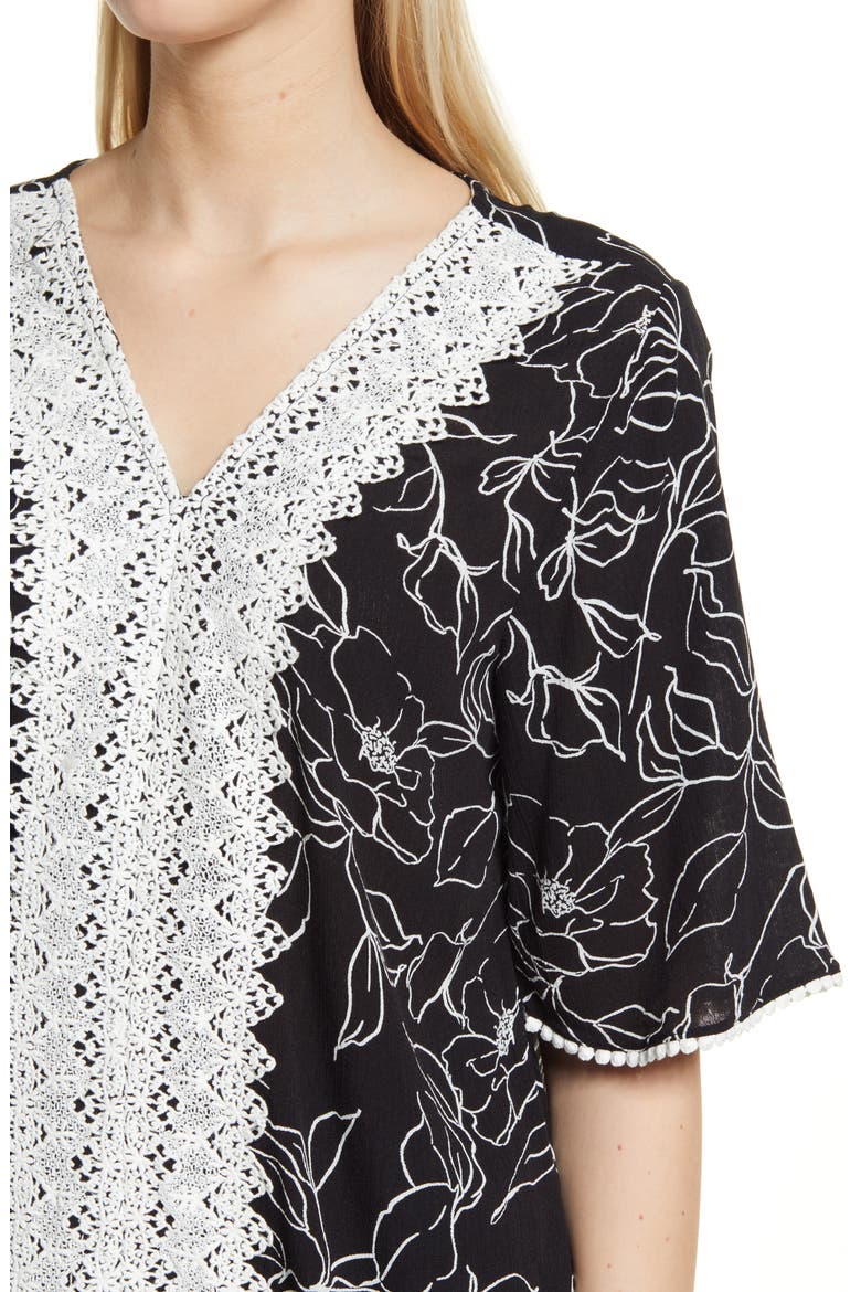 Lace Trim Floral Woven Blouse, Alternate, color, BLACK STENCIL
