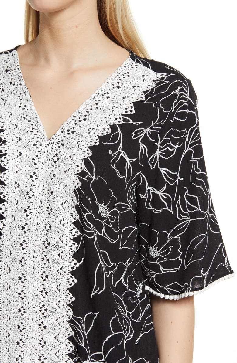 Bobeau Lace Trim Floral Woven Blouse, Alternate, color,