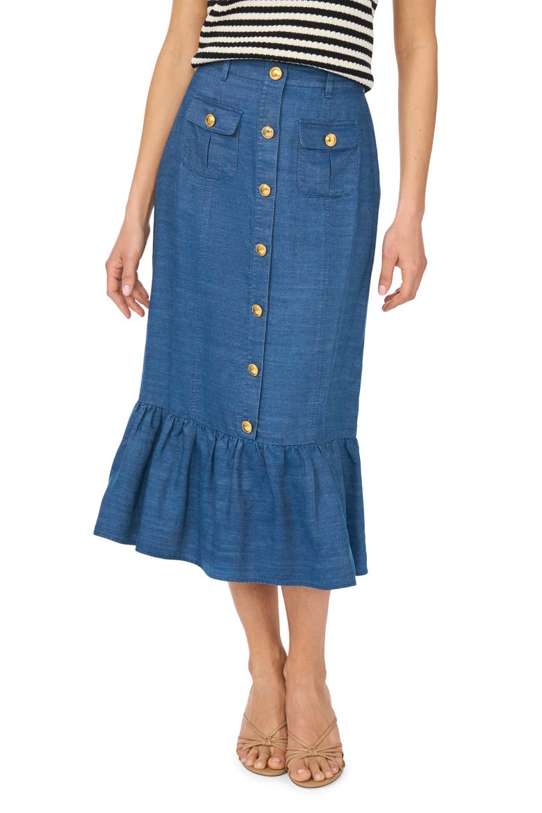 Button-Up Denim Midi Skirt, Main, color, MED INDIGO