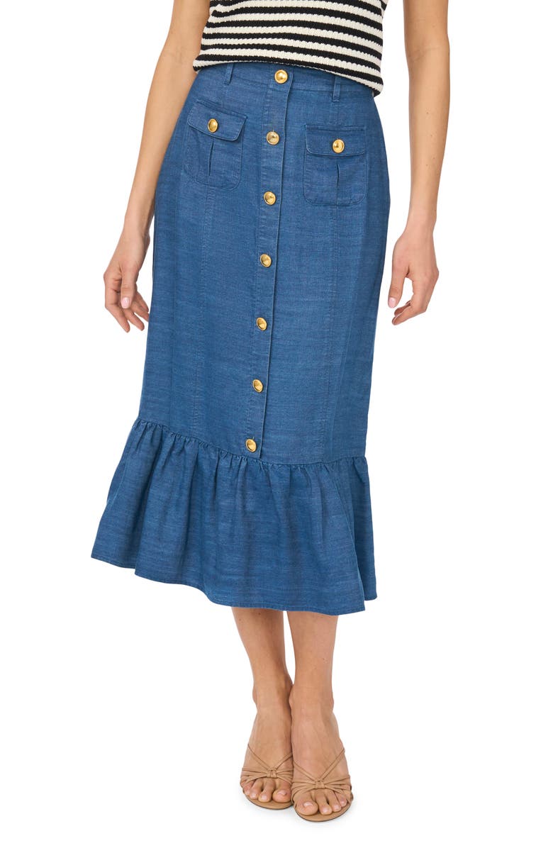 CeCe Button-Up Denim Midi Skirt, Main, color, Med Indigo