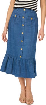 CeCe Button-Up Denim Midi Skirt