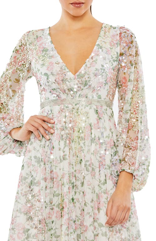 Mac Duggal Cocktail Floral Midi-dress In White Multi