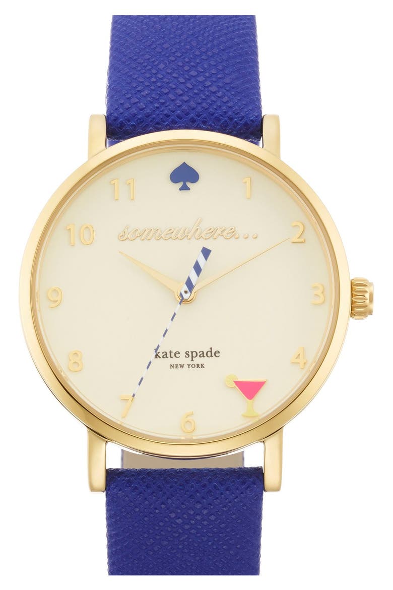 'metro - happy hour' leather strap watch, 34mm (Nordstrom Exclusive), Main, color, COBALT/ GOLD