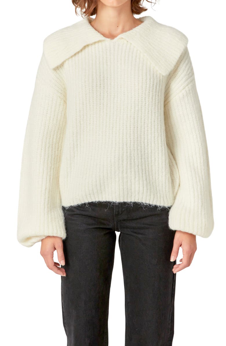 English Factory Collar Chunky Sweater, Alternate, color, Ivory