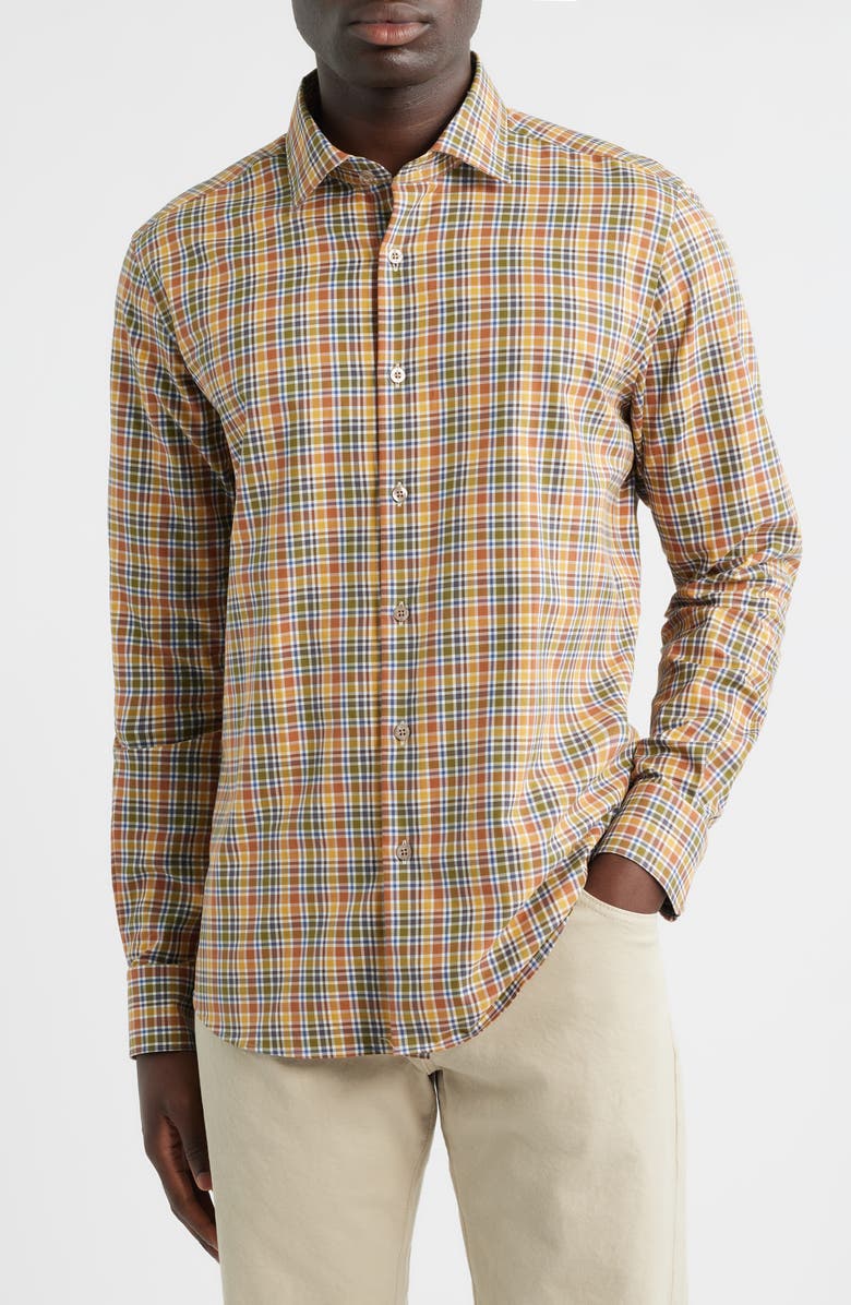 Scott Barber Canclini Regular Fit Plaid Cotton Button-Up Shirt, Main, color, Auburn