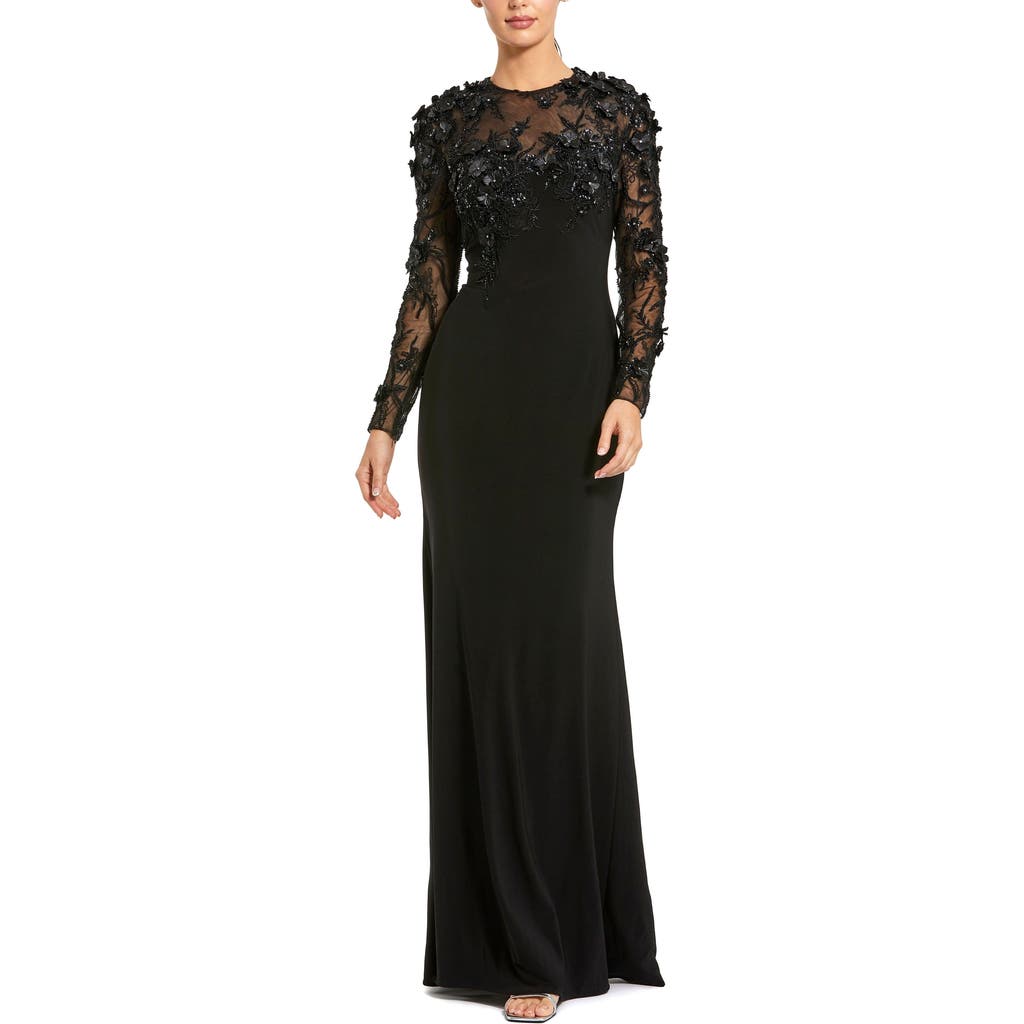 Mac Duggal Jersey Long Sleeve Fitted Gown With Floral Beading In Black
