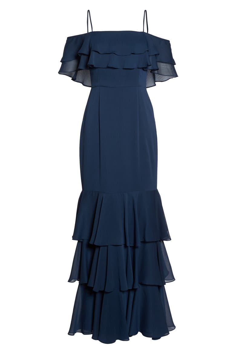 Lauren Cold Shoulder Tiered Gown, Alternate, color, NAVY