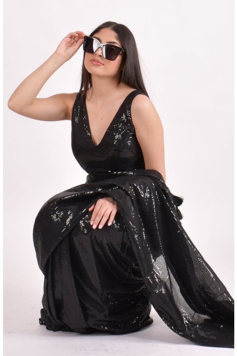 Sequins Pre-Draped Saree, Alternate, color, Black