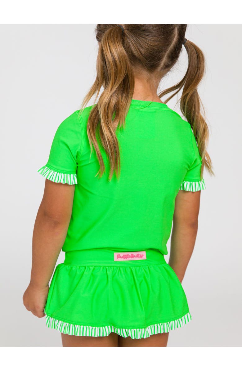 RuffleButts Girls Short Sleeve Ruffle UPF50+ Rash Guard Skirted 2-Piece, Alternate, color, Neon Lime