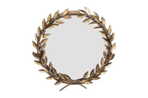 Round Metal Laurel Wreath Round Wall Mirror, Gold