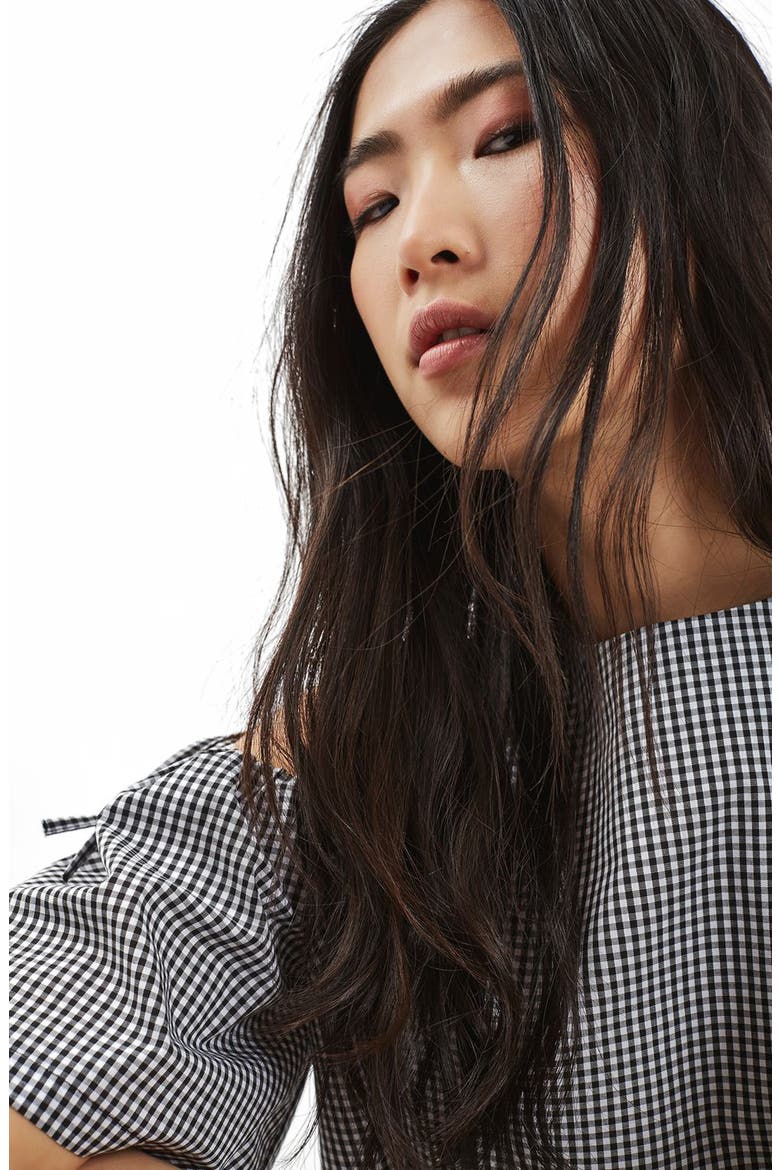 Gingham Tie Cold Shoulder Top, Alternate, color, BLACK MULTI