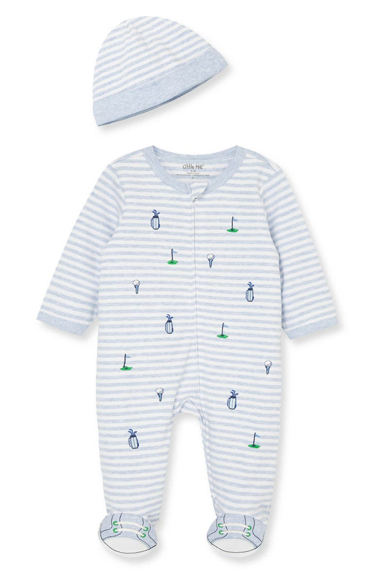 Little Me Stripe Golf Embroidered Cotton Footie & Hat Set, Main, color,