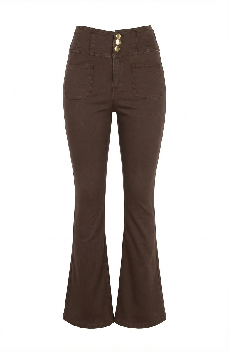 Modenaire High Waist Flare Pants with Button Front, Alternate, color, Chocolate Brown