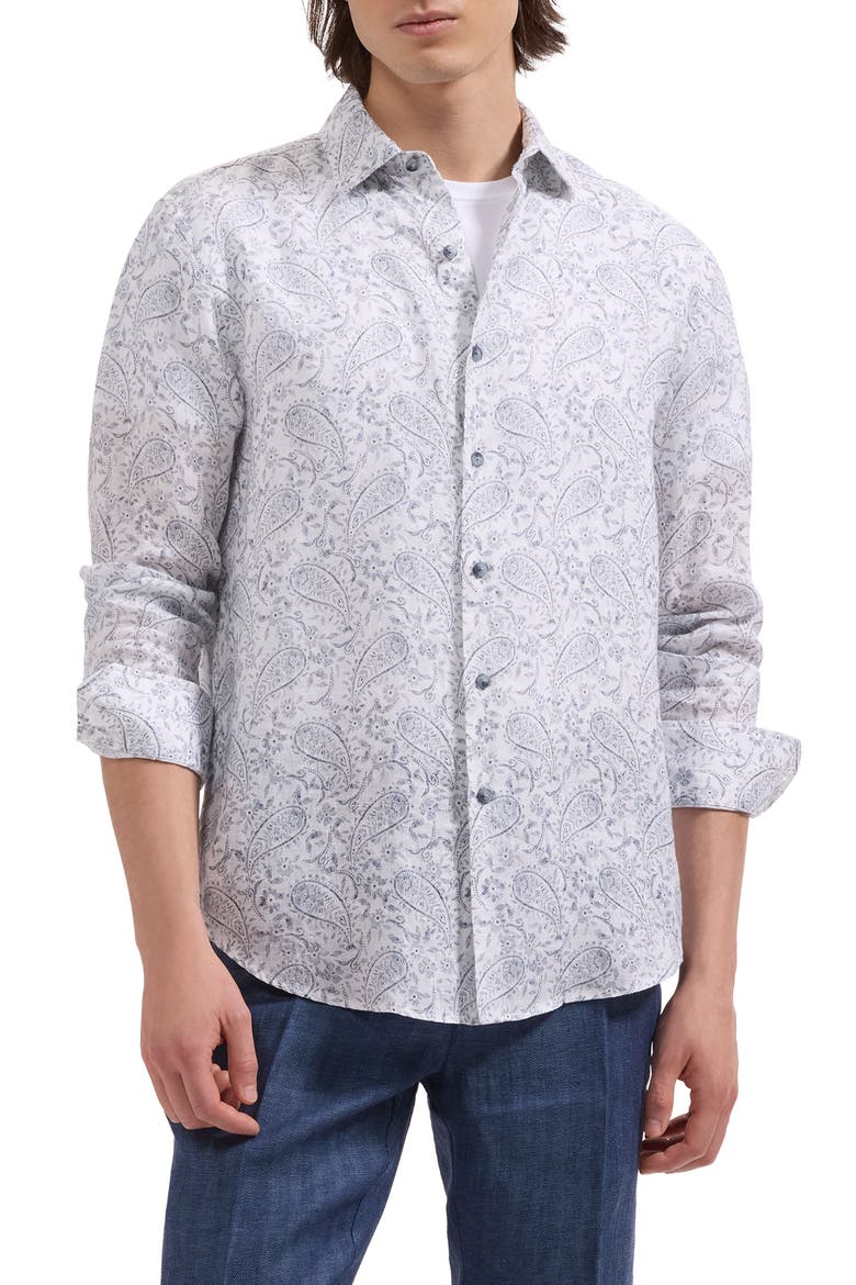 Julian Shaped Fit Paisley Print Linen Button-Up Shirt, Main, color, WHITE
