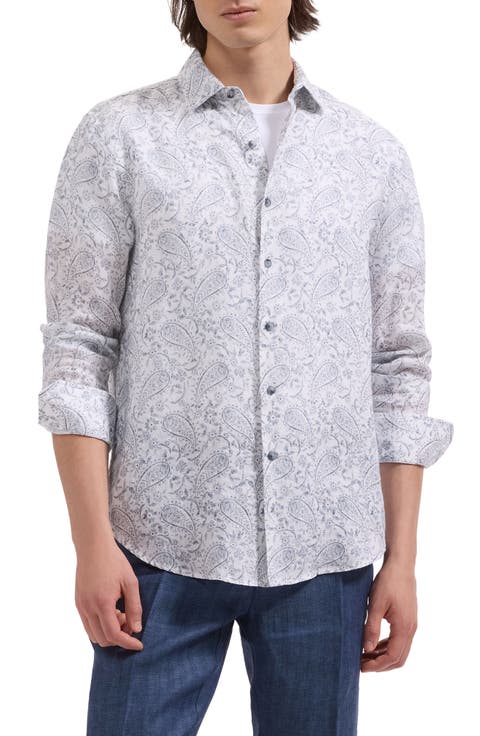 Julian Shaped Fit Paisley Print Linen Button-Up Shirt