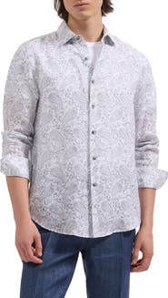 Bugatchi Julian Shaped Fit Paisley Print Linen Button-Up Shirt