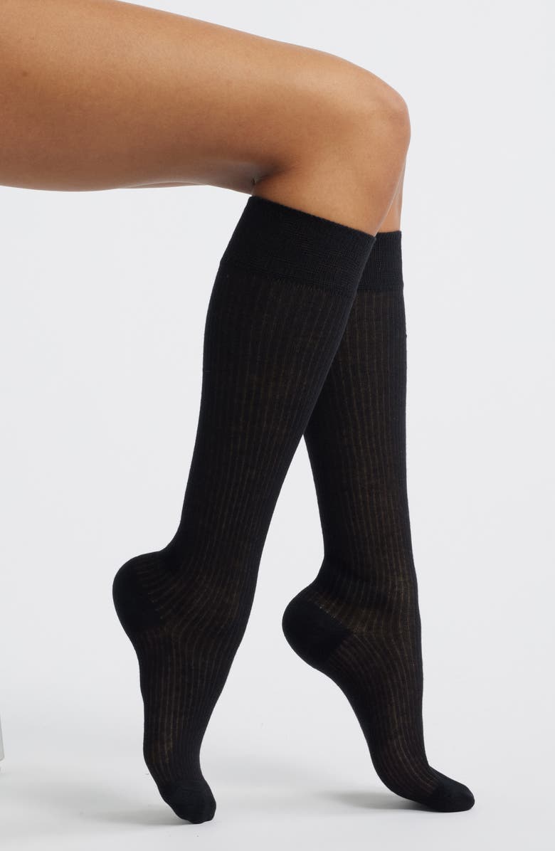 HIGH HEEL JUNGLE Everything's Fine Semisheer Cotton Blend Rib Knee High Socks, Main, color, Black