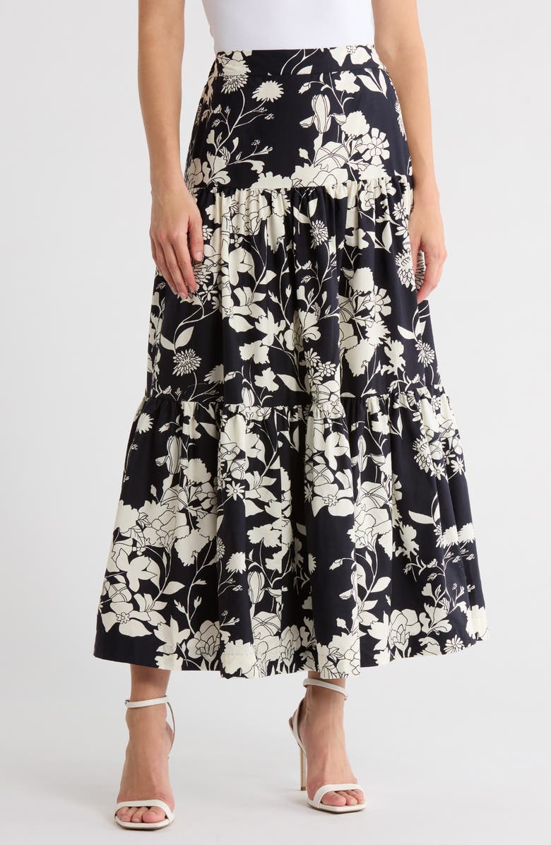JASON WU Floral Tiered Midi Skirt, Main, color, Black/ White Floral