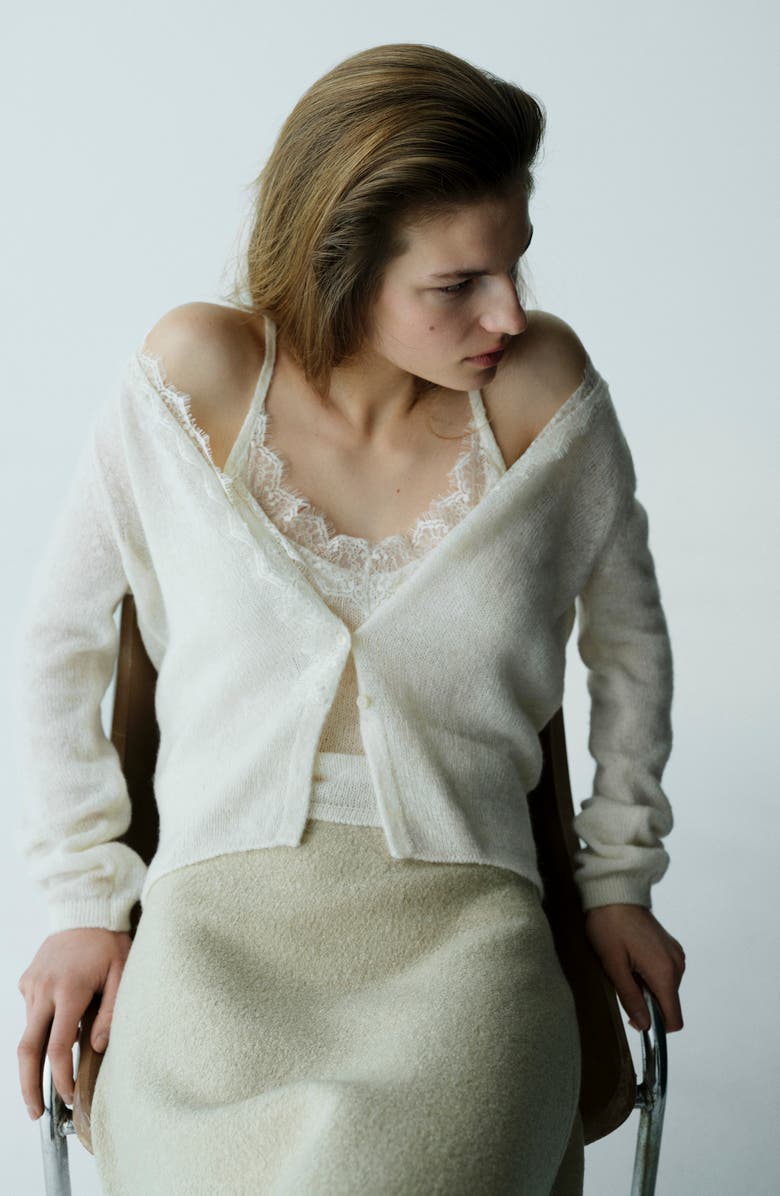 MANGO Lace Trim V-Neck Cardigan, Alternate, color, Ecru