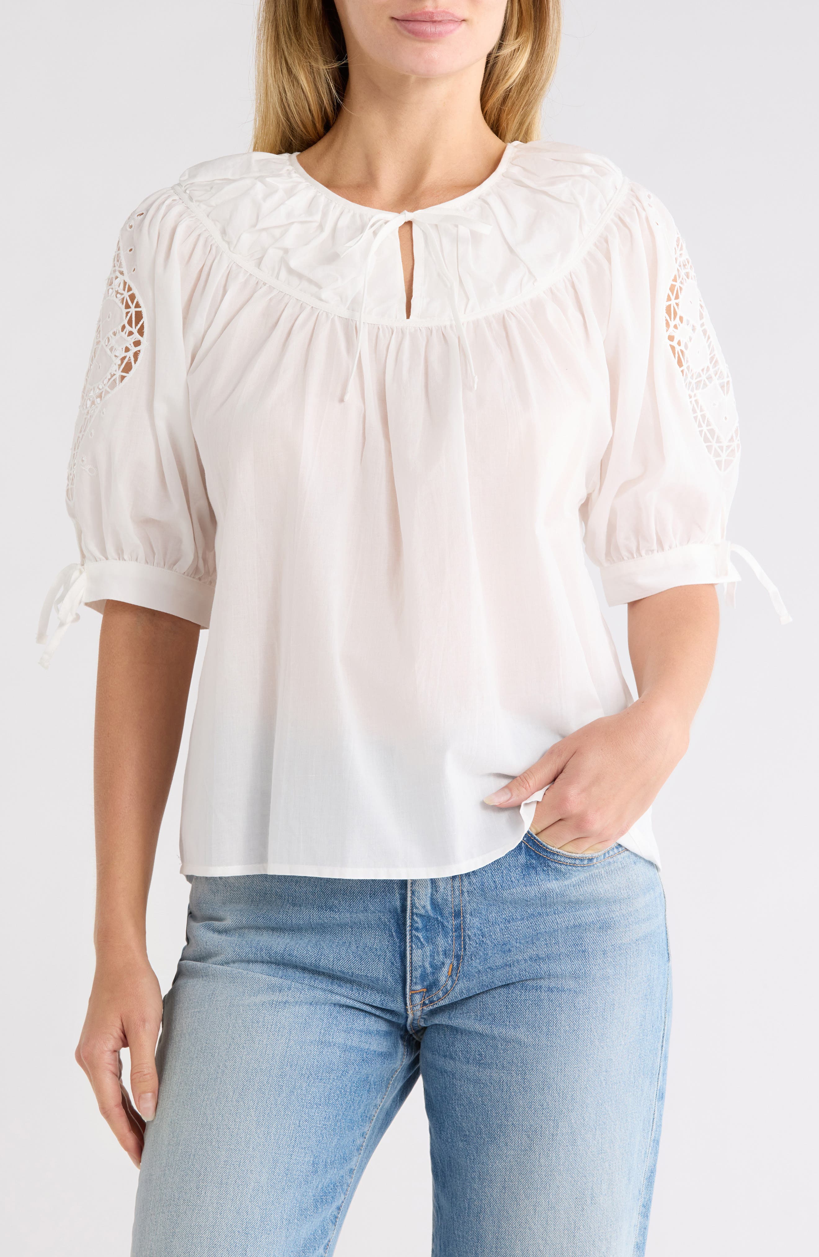 Eyelet Cotton Top with Tie Sleeves