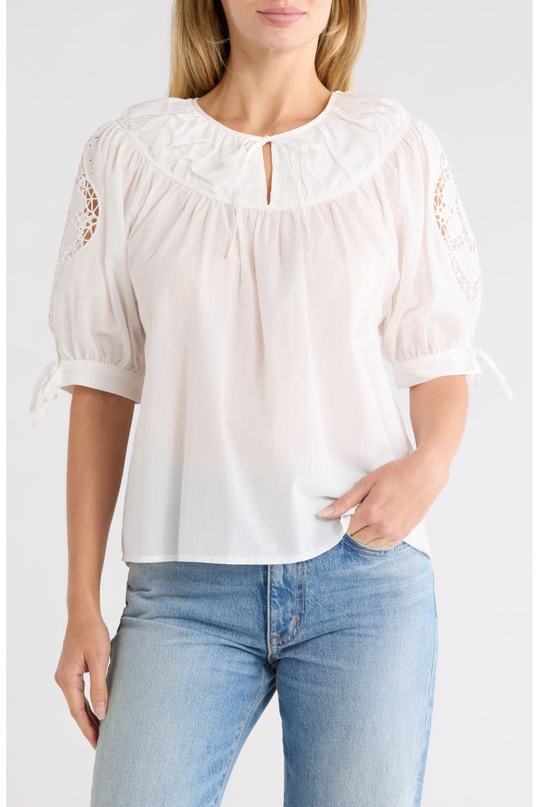 Eyelet Cotton Top with Tie Sleeves, Main, color, WHITE