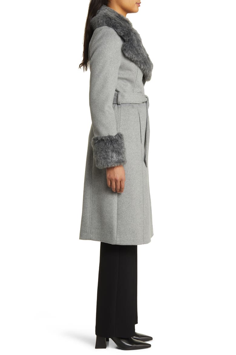 Wool Blend Belted Coat with Faux Fur Trim, Alternate, color, HEATHER GREY