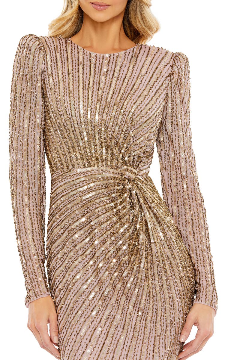 Mac Duggal Embellished Puff Sleeve Side Knot Gown, Alternate, color, Mocha