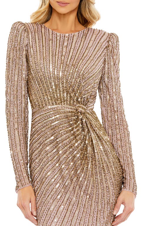 Mac Duggal Embellished Puff Sleeve Side Knot Gown In Mocha