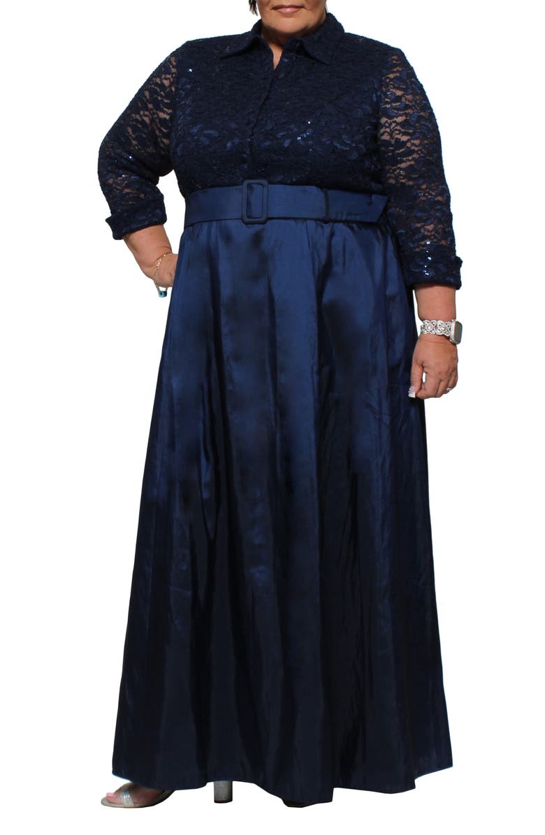 Alex Evenings Embroidered Lace Long Sleeve A-Line Gown, Main, color, 