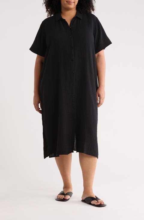Classic Collar Organic Cotton Midi Shirtdress (Plus)