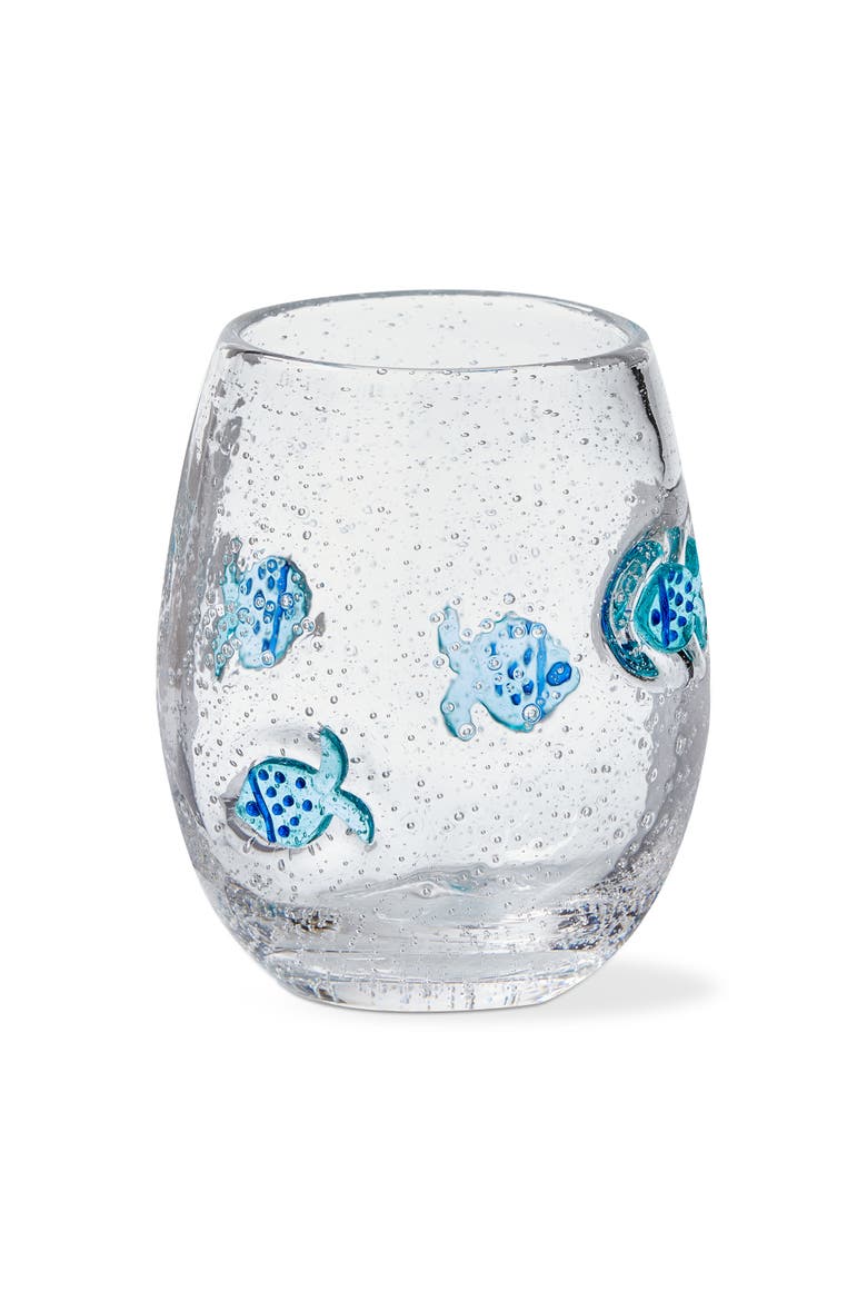 Fish Bubble Glass Stemless Wine Glass - Blue Everyday Drinkware, Main, color, Blue