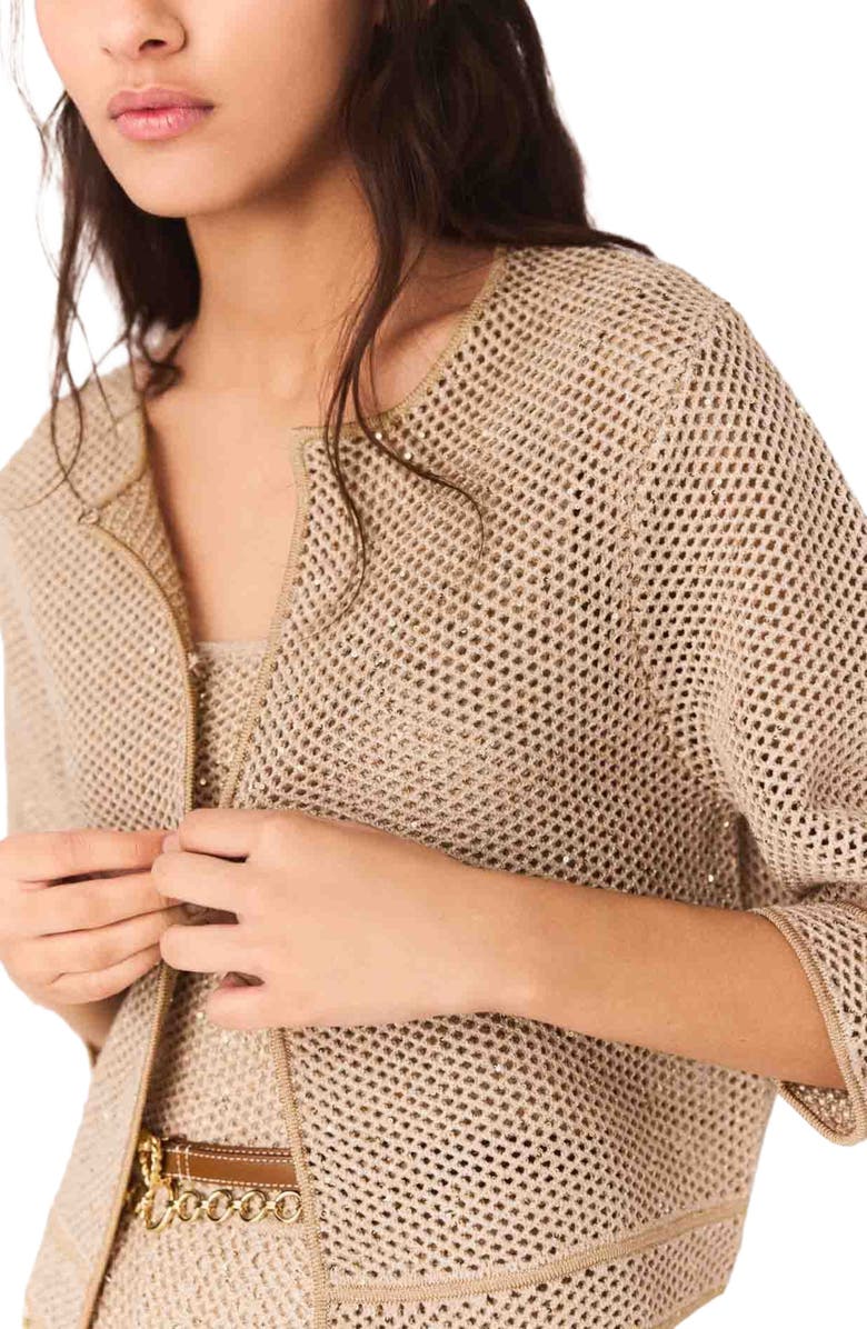 maje Rhinestone knit cardigan, Alternate, color, Nude