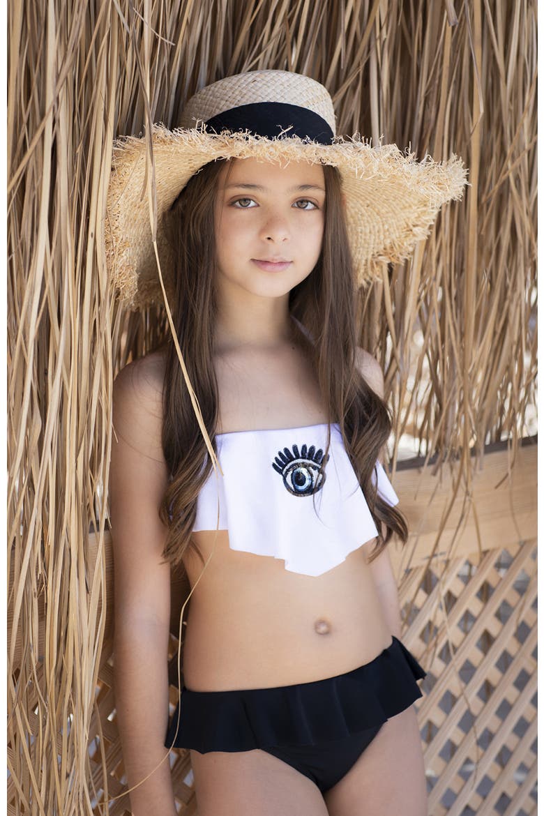 Evil Eye Bandeau Ruffle Two Piece Bikini,Toddler-Little Kid & Big Kid, Alternate, color, White-Black
